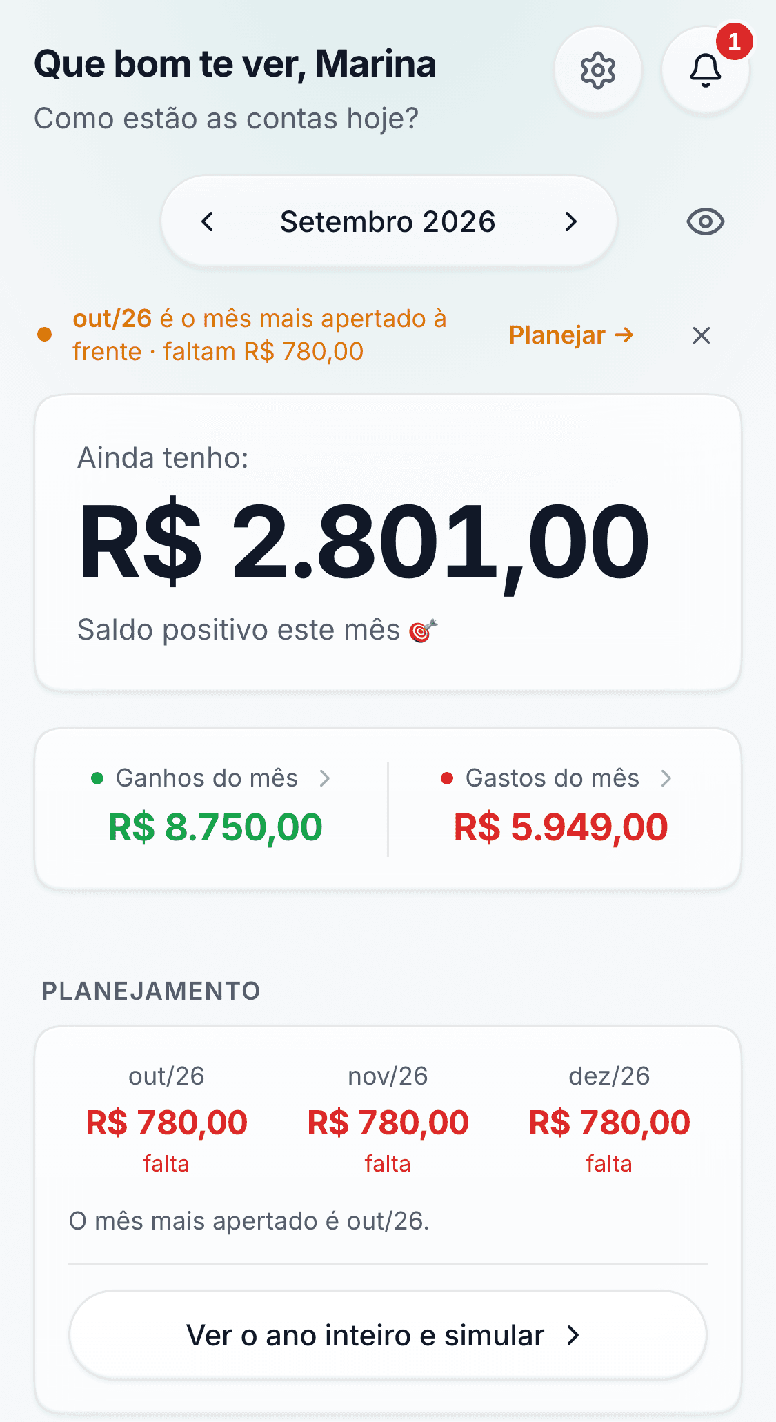 Tela inicial do Good Finance mostrando quanto sobrou no mês, o que entrou, o que saiu e a projeção dos próximos meses